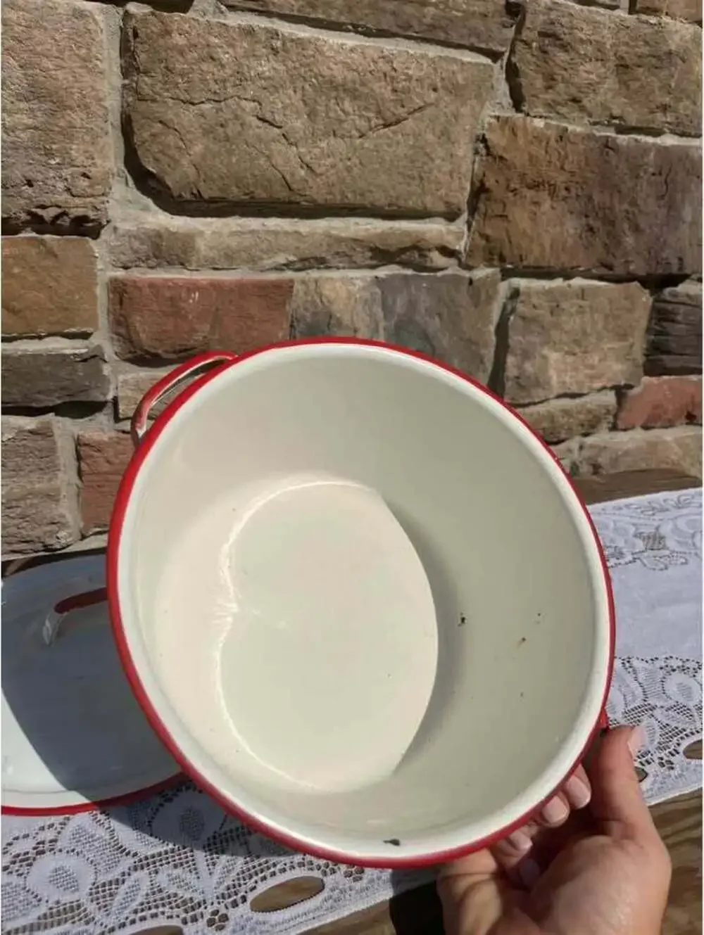 Vintage White Enamelware Pot with Lid & Basin Set Red Trim Farmhouse Cookware